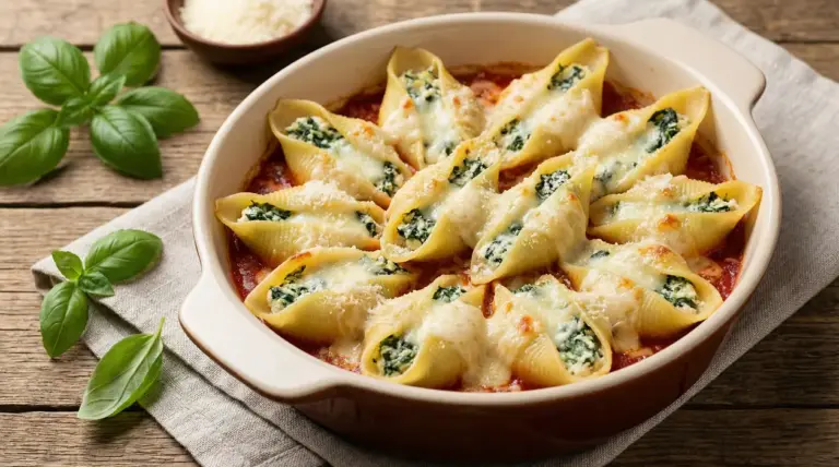 Conchiglioni ripieni al forno con ricotta e spinaci in una teglia su tavolo rustico