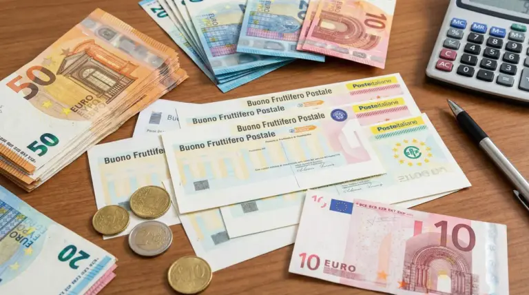 Buoni fruttiferi postali accanto a euro, monete, penna e calcolatrice su scrivania
