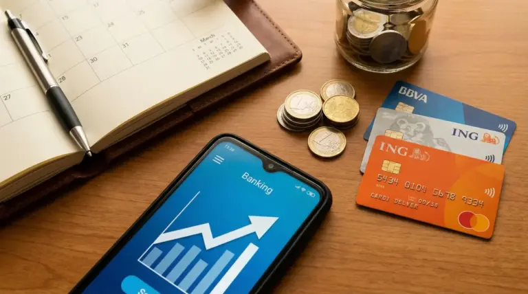 Smartphone con grafico bancario, carte di credito, monete e agenda su un tavolo