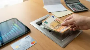Una mano inserisce banconote in euro in uno sportello bancario su una scrivania con calcolatrice e tablet
