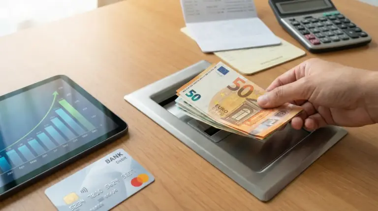 Una mano inserisce banconote in euro in uno sportello bancario su una scrivania con calcolatrice e tablet