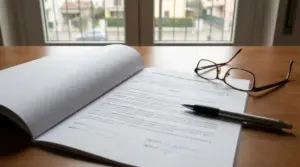 Contratto di comodato d'uso gratuito su un tavolo con penna e occhiali vicino a una finestra.