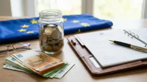 Barattolo con monete, banconote in euro, documenti e penna su scrivania con bandiera dell'Unione Europea