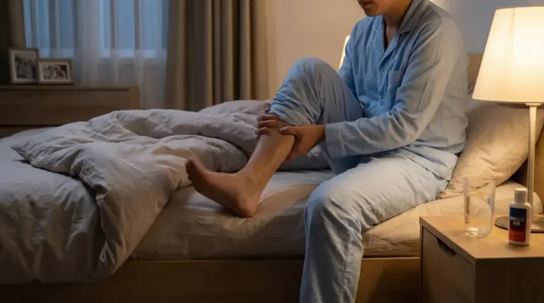 Persona seduta su un letto che tiene la gamba per un crampo notturno