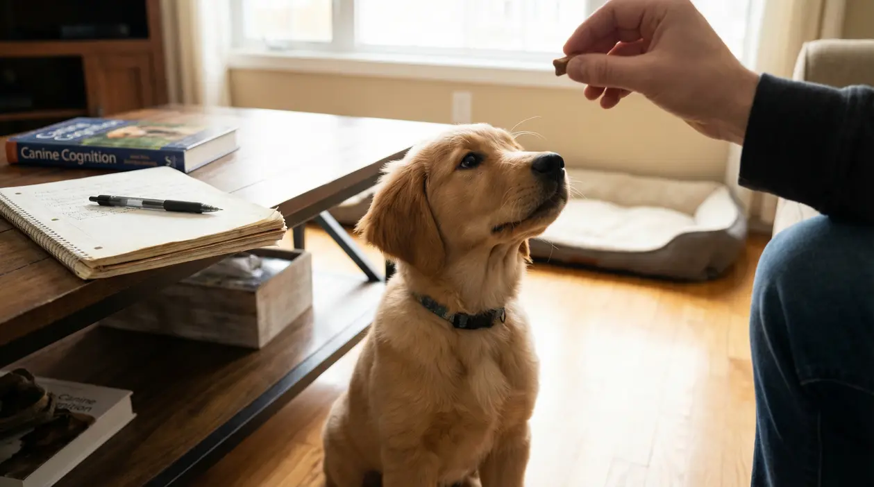Cucciolo seduto in casa, attento a una persona che tiene un premio in mano