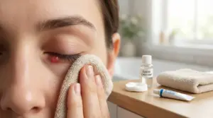 Persona con orzaiolo all'occhio applica un panno caldo sulla palpebra