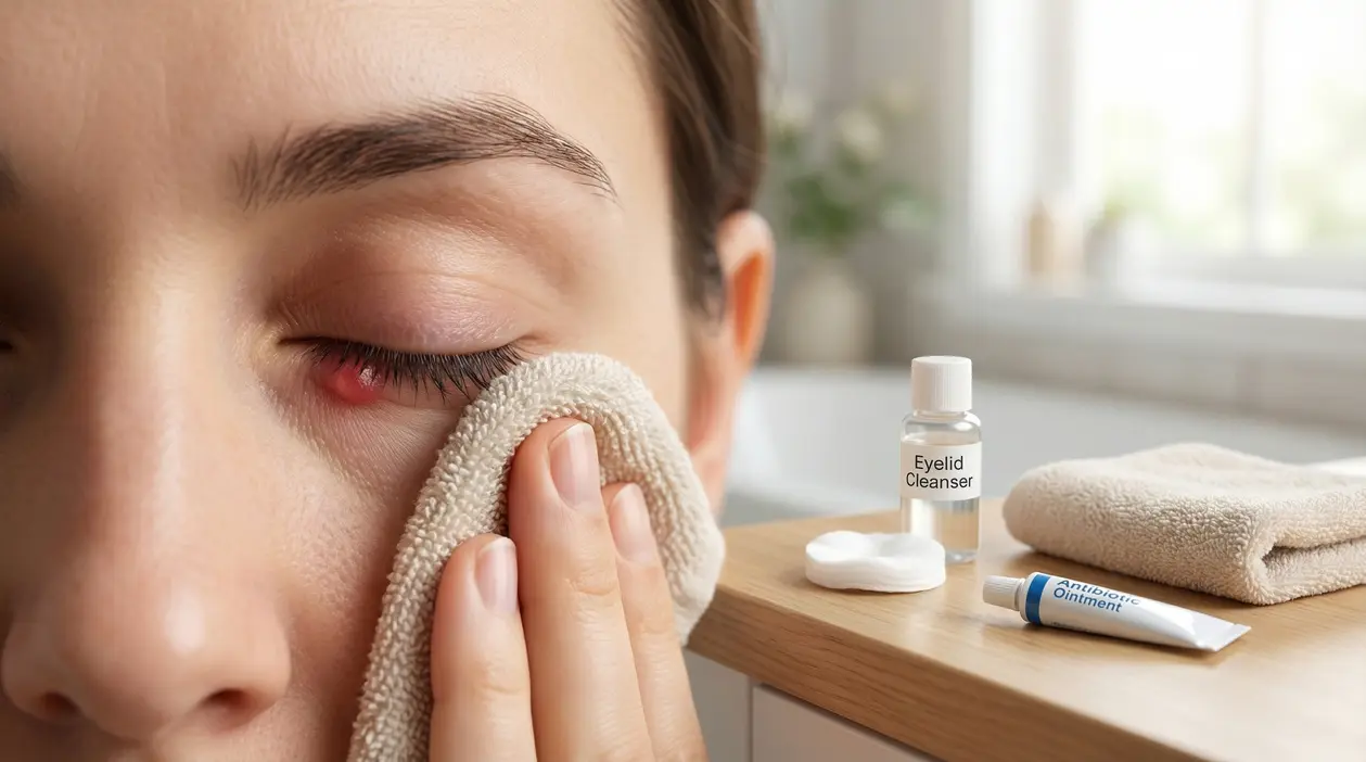 Persona con orzaiolo all'occhio applica un panno caldo sulla palpebra