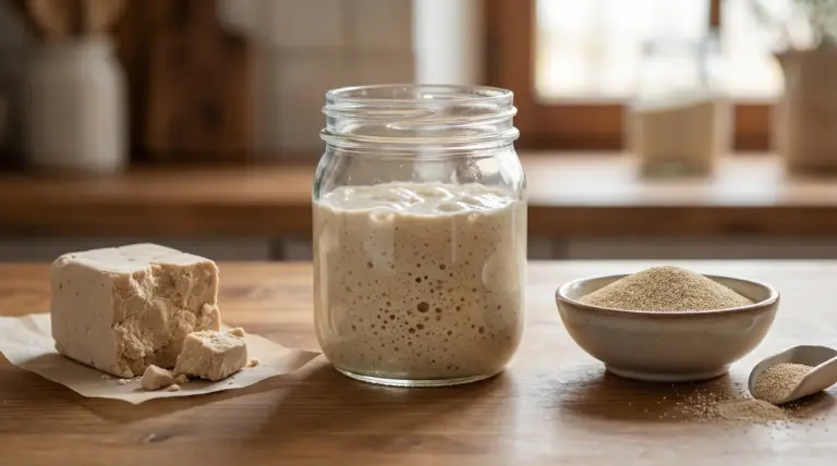 Tre tipi di lievito su un tavolo: fresco, madre in barattolo e secco in ciotola