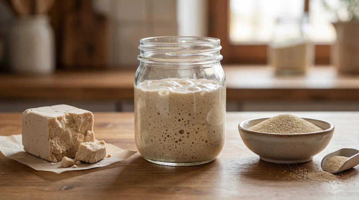Tre tipi di lievito su un tavolo: fresco, madre in barattolo e secco in ciotola