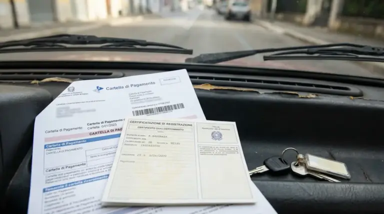 Documenti auto e chiavi poggiati sul cruscotto di un veicolo
