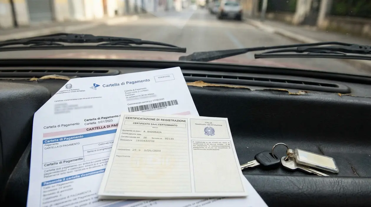 Documenti auto e chiavi poggiati sul cruscotto di un veicolo