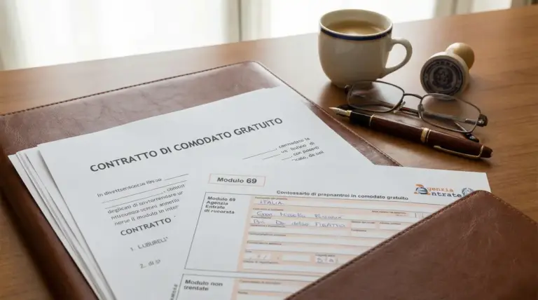 Documenti per contratto di comodato d’uso su una scrivania con penna, occhiali e tazza di caffè