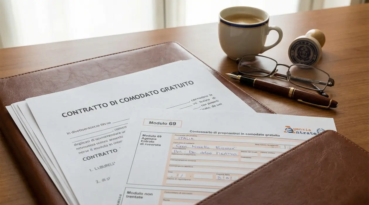 Documenti per contratto di comodato d’uso su una scrivania con penna, occhiali e tazza di caffè