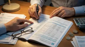 Due persone esaminano un modulo fiscale su un tavolo con documenti, monete e calcolatrice