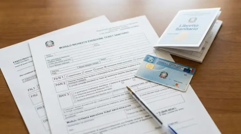 Modulo per esenzione ticket sanitario con tessera e libretto su un tavolo
