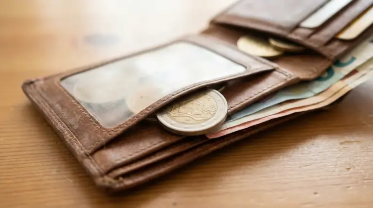 Portafoglio in pelle con monete e banconote, tra cui una moneta da due euro con immagine di una casa