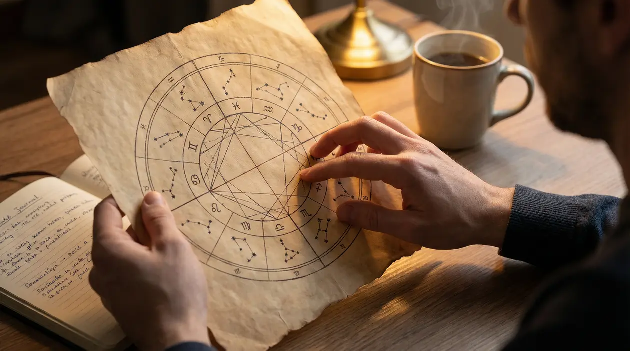 Una persona osserva una mappa astrologica su un foglio ingiallito, con un taccuino e una tazza sul tavolo