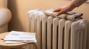 Mano che posa un panno sopra un termosifone acceso accanto a bollette su uno sgabello
