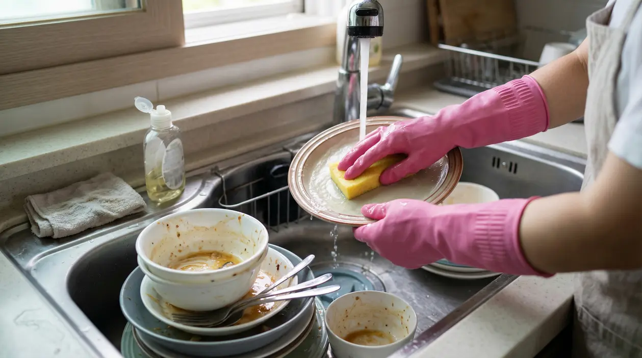 Persona lava i piatti a mano con guanti rosa davanti a un lavandino pieno di stoviglie sporche