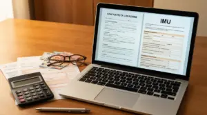 Laptop con modulo IMU e contratto di locazione aperti, accanto a occhiali, calcolatrice e documenti fiscali