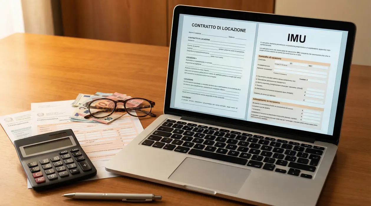 Laptop con modulo IMU e contratto di locazione aperti, accanto a occhiali, calcolatrice e documenti fiscali