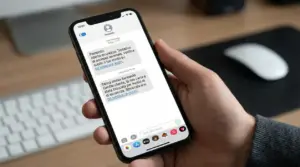 Una persona tiene in mano uno smartphone che mostra messaggi sospetti di phishing.