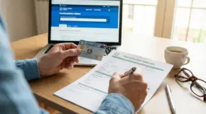 Persona compila un modulo del Sistema Sanitario Nazionale con tessera sanitaria e computer