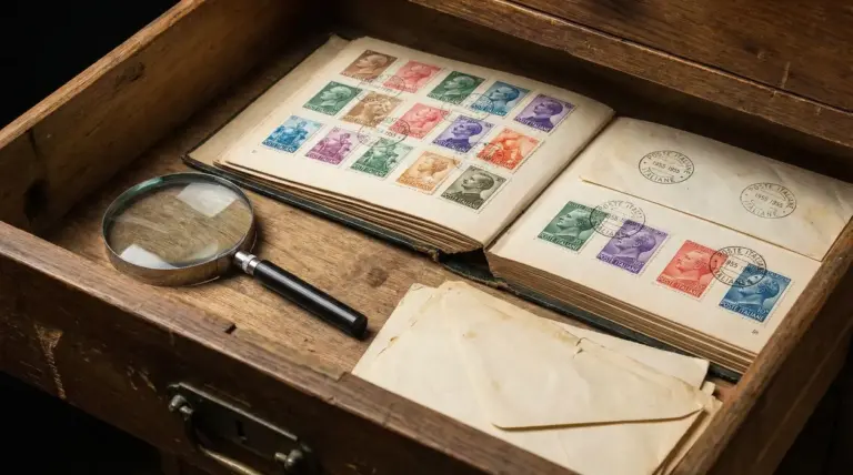 Francobolli italiani del 1955 conservati in un album all'interno di un cassetto di legno con lente d'ingrandimento.
