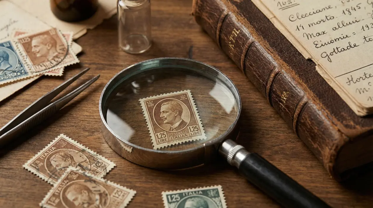 Francobollo da 1,25 lire esaminato con lente d'ingrandimento su tavolo da collezionista