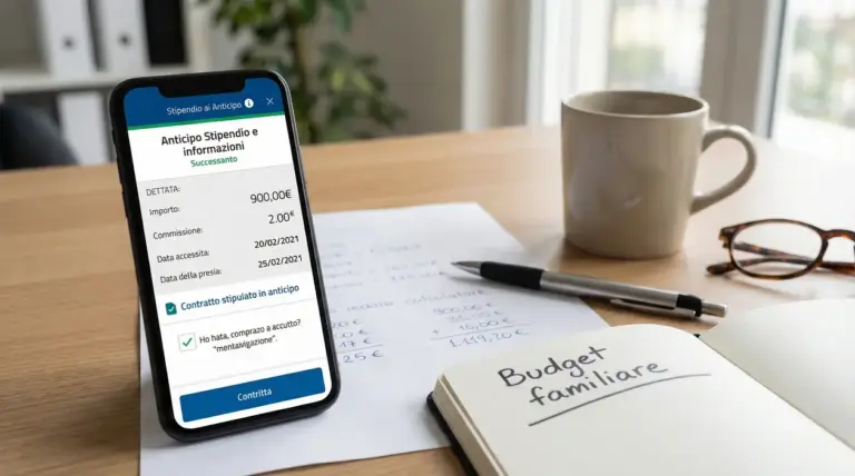 Smartphone con schermata di anticipo stipendio su scrivania con tazza, occhiali e quaderno