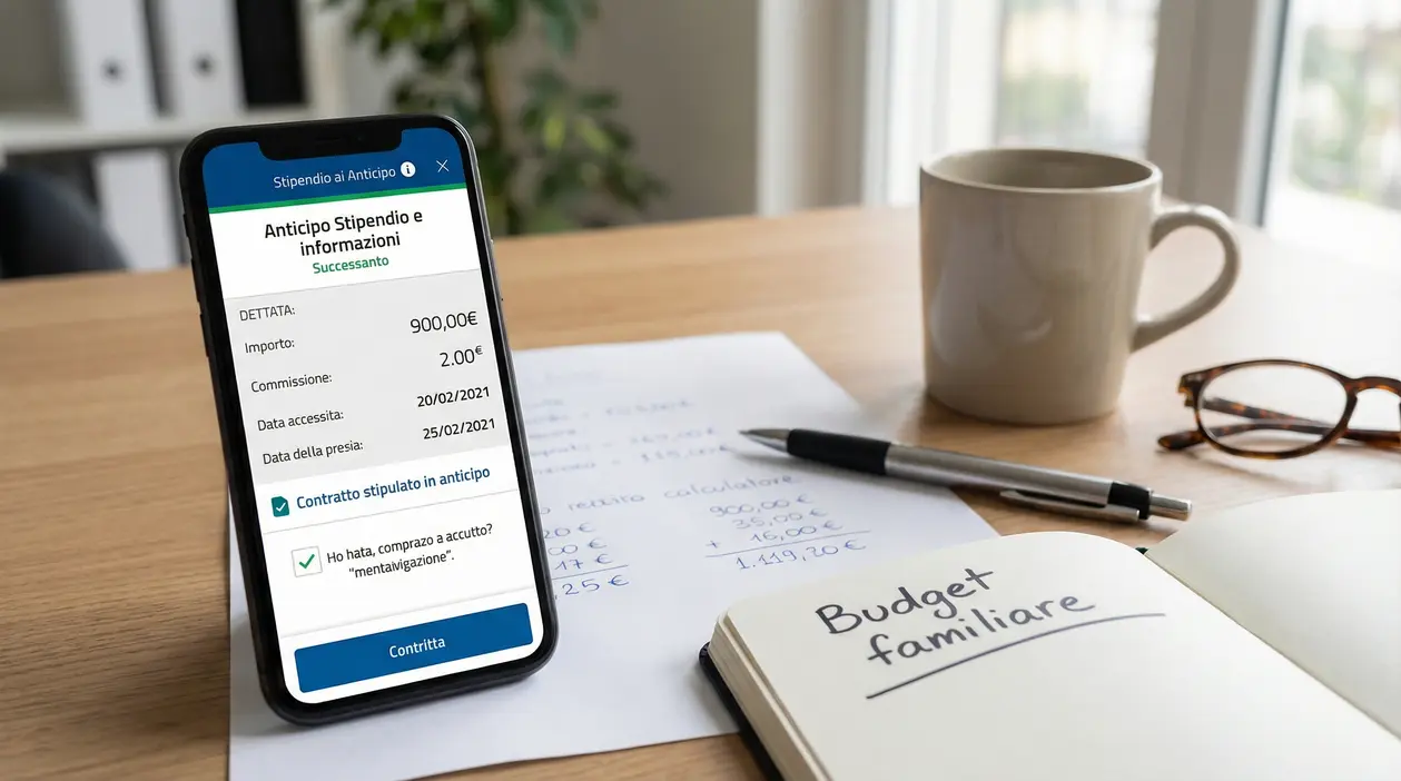 Smartphone con schermata di anticipo stipendio su scrivania con tazza, occhiali e quaderno