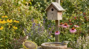 Giardino fiorito con mangiatoia in legno, uccellini, e fiori colorati