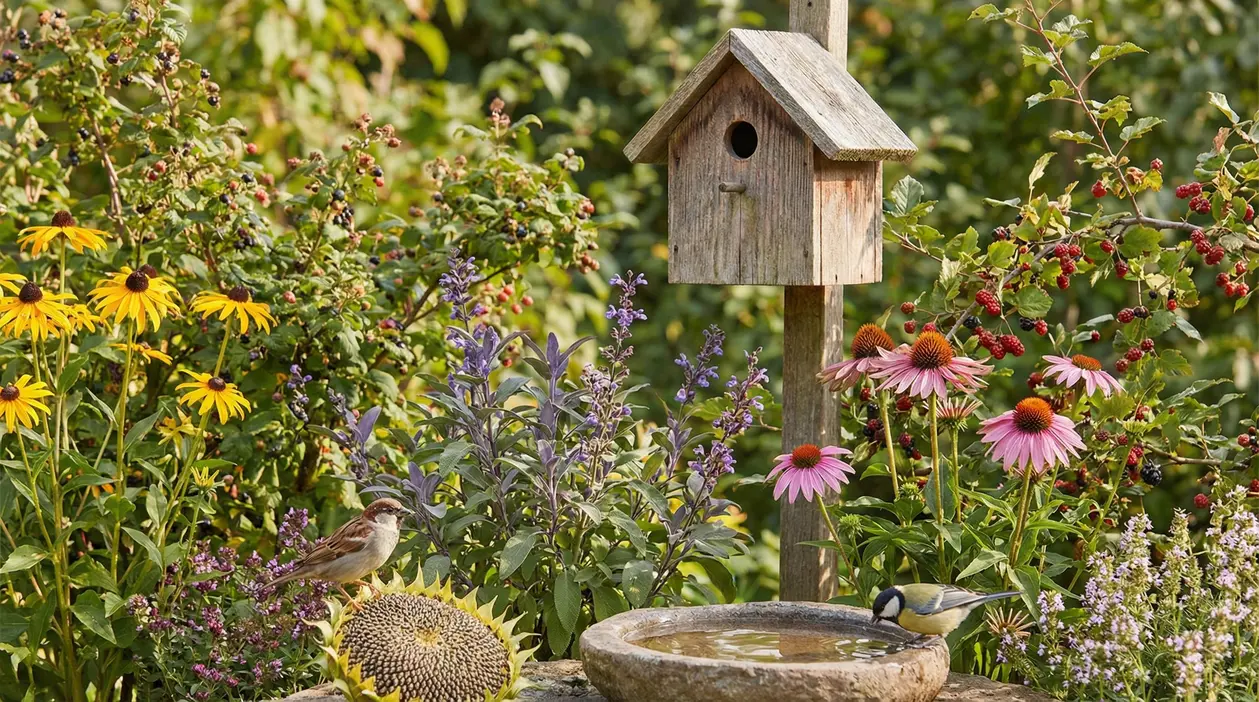 Giardino fiorito con mangiatoia in legno, uccellini, e fiori colorati