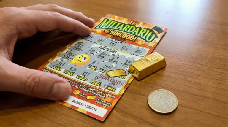 Una mano regge un gratta e vinci con un lingotto d'oro e una moneta da un euro su un tavolo