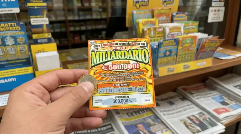 Una mano tiene un gratta e vinci davanti a un'espositore di biglietti in una tabaccheria