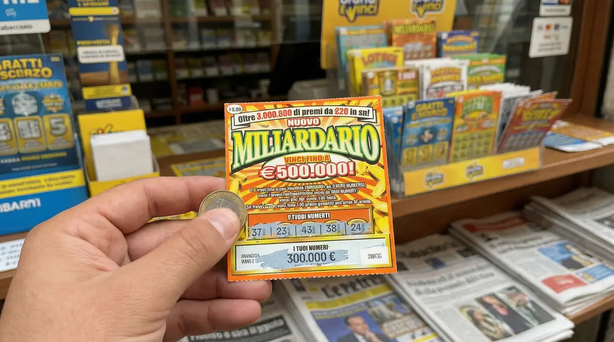 Una mano tiene un gratta e vinci davanti a un'espositore di biglietti in una tabaccheria