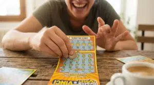 Una persona gratta un biglietto Gratta e Vinci con una moneta su un tavolo di legno