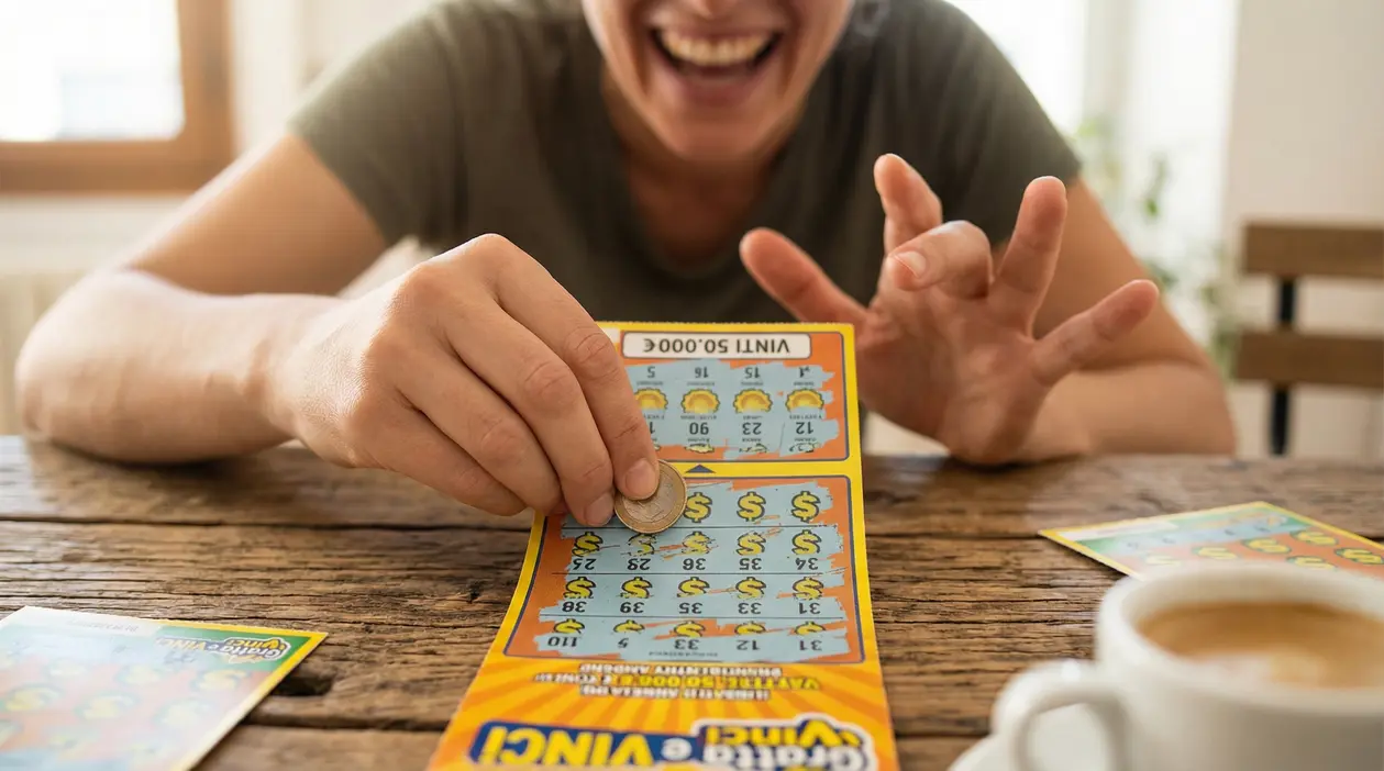Una persona gratta un biglietto Gratta e Vinci con una moneta su un tavolo di legno