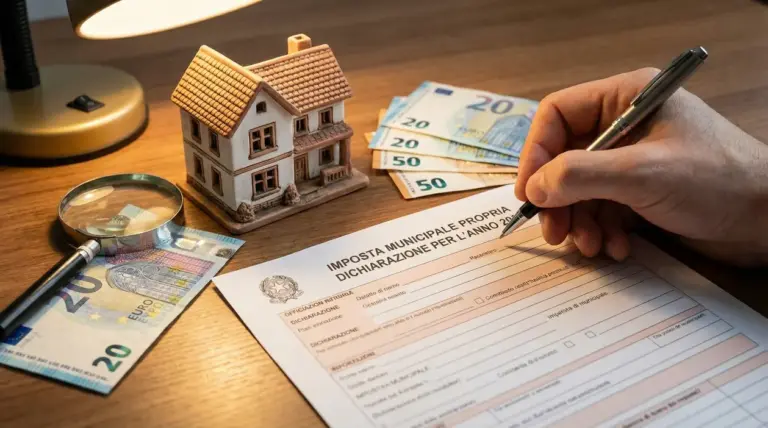 Modello IMU con mano che scrive, banconote, lente e casetta decorativa su scrivania