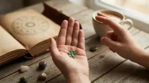Una mano tiene un ciondolo a forma di quadrifoglio accanto a un libro aperto con simboli zodiacali
