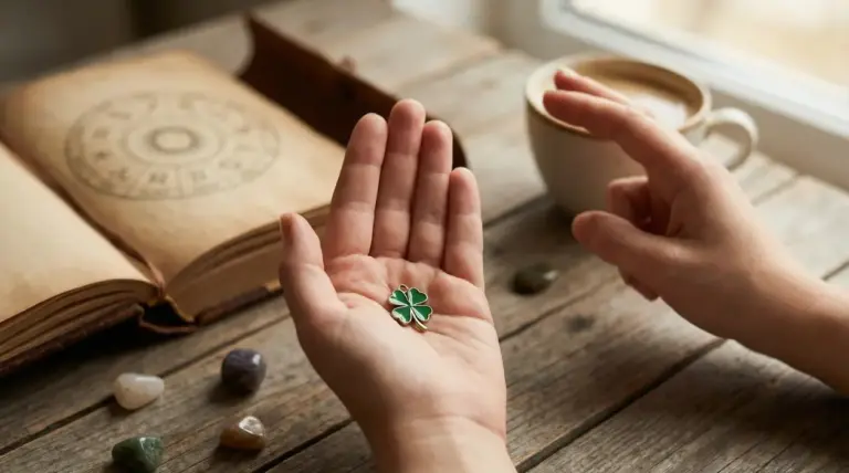 Una mano tiene un ciondolo a forma di quadrifoglio accanto a un libro aperto con simboli zodiacali