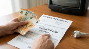 Persona con banconote ed una bolletta del canone Rai 2026 su un tavolo accanto a una presa elettrica