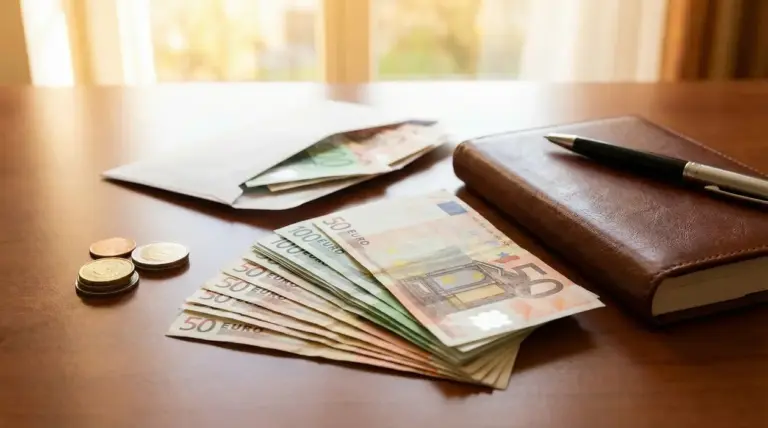 Banconote e monete in euro disposte su un tavolo accanto a un taccuino e una penna