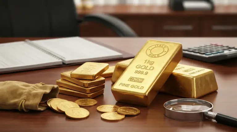 Lingotti e monete d'oro su una scrivania con lente d'ingrandimento e calcolatrice