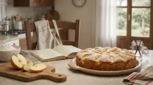 Torta di mele su un tavolo da cucina con mele affettate, farina e un ricettario aperto