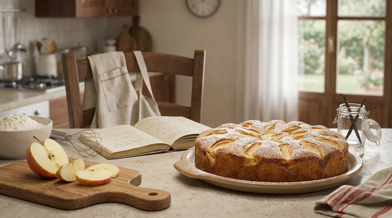 Torta di mele su un tavolo da cucina con mele affettate, farina e un ricettario aperto