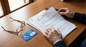 Persona che esamina documenti ufficiali su una scrivania con permesso disabili e occhiali