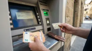 Persona preleva denaro da un bancomat mostrando diverse banconote e una carta