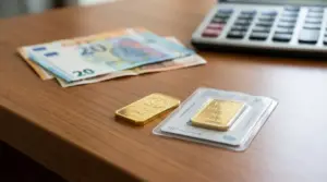 Lingotti d'oro da 20 grammi su un tavolo con banconote in euro e una calcolatrice