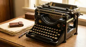 Macchina da scrivere d’epoca su una scrivania in legno con fogli, custodia e penna stilografica